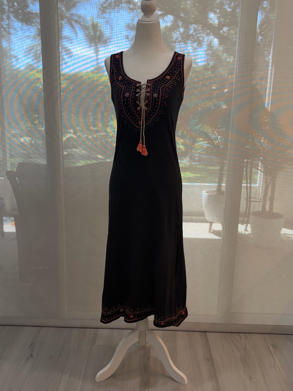 Vintage Betsey Johnson Black Maxi Dress with Pink & Orange Embroidery